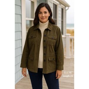 Talbots Womens 100% Cotton Green Utility Military Jacket Size 1XP Adjustable